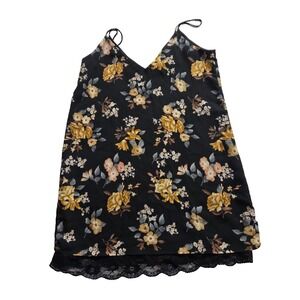 Forever 21 Floral Print Mini Dress Spaghetti Strap Black Golden Yellow Rose Sz S